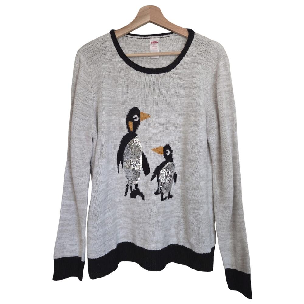Holiday Time | Sequin Knit Graphic Penguin Sweater Soft Cozy Christmas